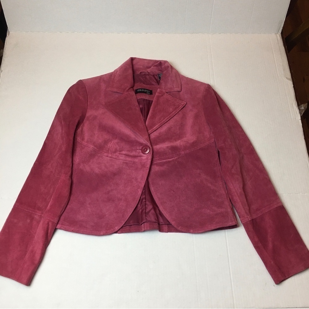 Ideology Petite Genuine Suede Leather Cropped Blazer Rose Berry Tailored PS